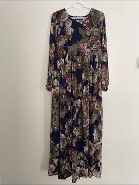 Shabby Apple Navy Floral Maxi Dress with Olive and Pink Accents